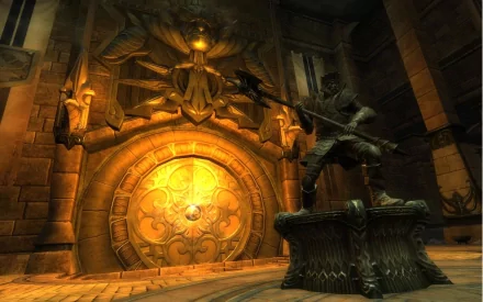 HD PC desktop wallpaper from the video game Rift: dim chamber with a glowing ornate golden circular portal and a warrior statue poised on a pedestal.