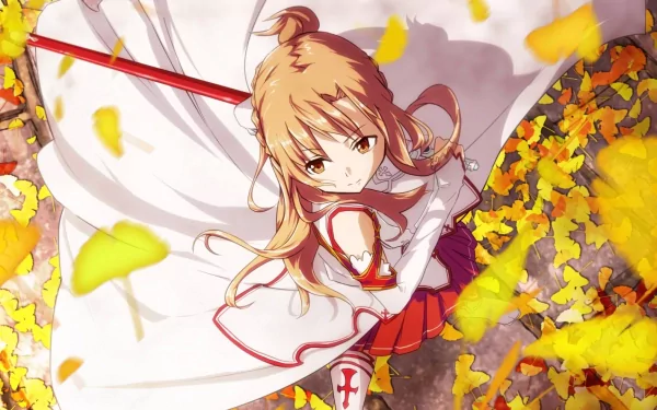 HD desktop wallpaper of Asuna Yuuki from Sword Art Online, featuring her in an autumn forest setting with yellow leaves swirling around.
