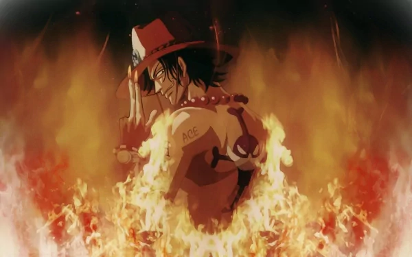 HD desktop wallpaper of Portgas D. Ace from the anime One Piece, depicted amidst intense flames with his back turned, showcasing his tattoo and beads, exuding a fiery and courageous aura.