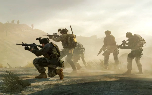 HD PC desktop wallpaper featuring armed soldiers in action from the video game Medal of Honor, set in a dusty, war-torn landscape.