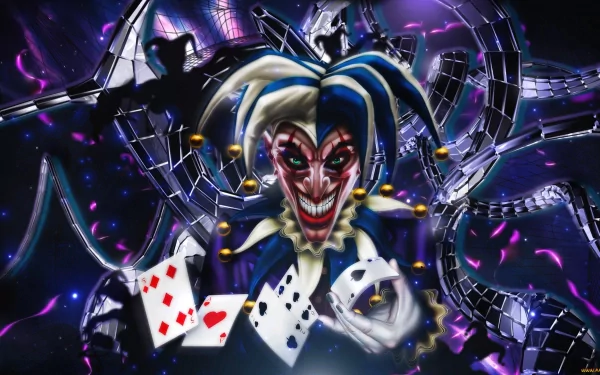 HD desktop wallpaper featuring a sinister clown with a menacing grin, surrounded by playing cards and dark, twisted metallic structures in the background.
