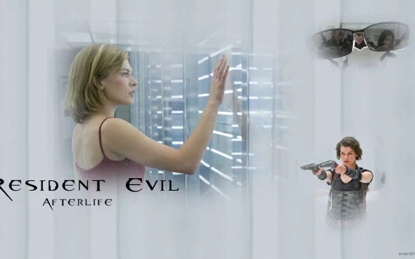 A high-definition wallpaper featuring Milla Jovovich as Alice from Resident Evil: Afterlife, showcasing dramatic scenes and action elements from the movie.