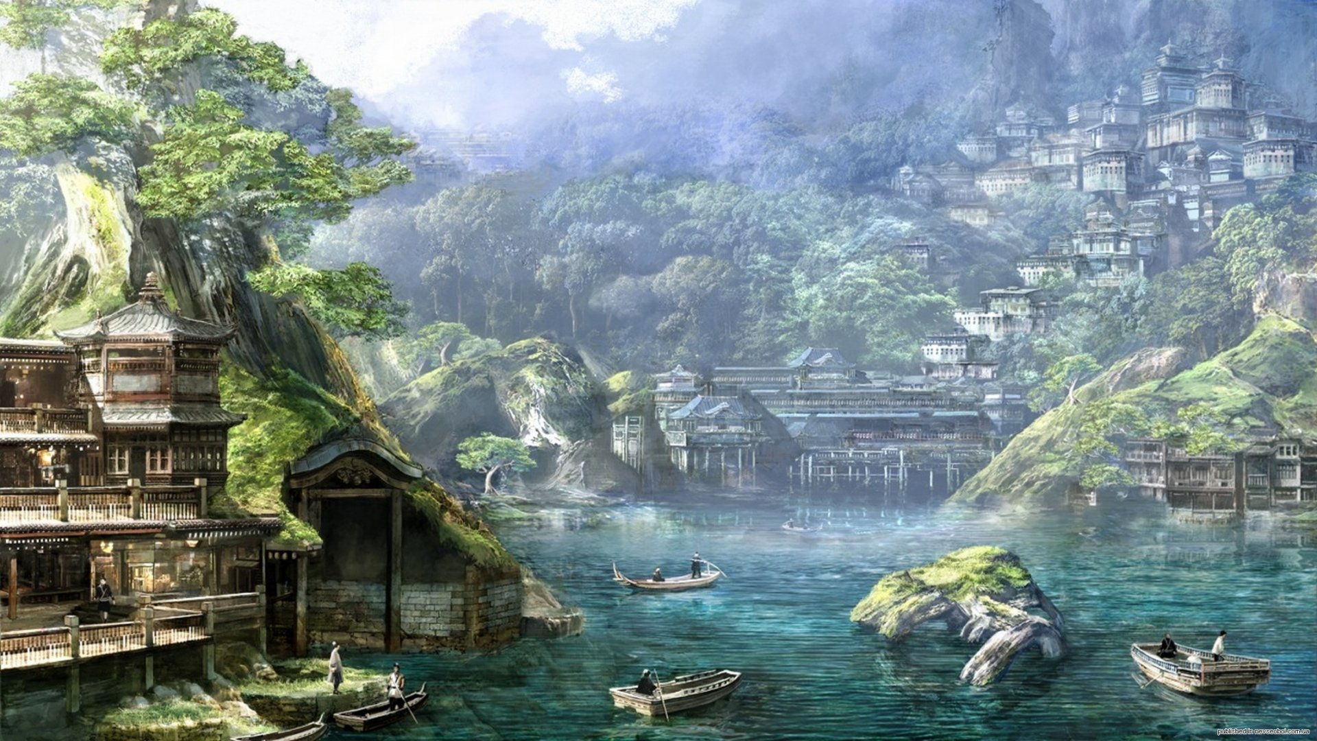A serene fantasy cityscape featuring lush greenery, tranquil waters, and boats, creating a captivating HD wallpaper for PC desktops and backgrounds.