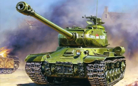 HD military-themed desktop wallpaper featuring a detailed illustration of an IS tank family in action amid smoke and battlefield surroundings.