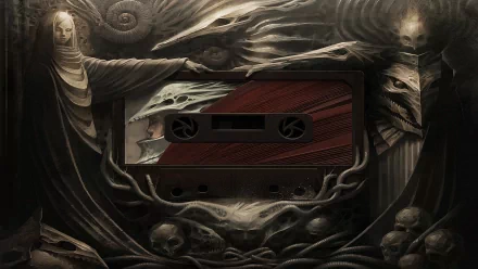 HD PC desktop wallpaper depicting a dark, surreal painting featuring a cassette tape surrounded by eerie, skeletal and ghostly figures with a musical theme.