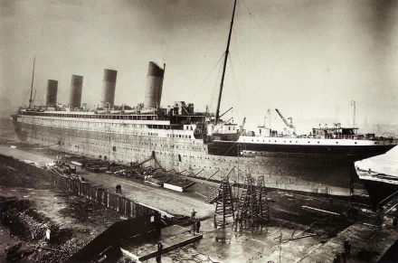 HD desktop wallpaper of the RMS Titanic, a historic passenger vehicle, docked and undergoing preparations at the shipyard.