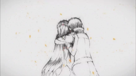Kirito and Asuna Yuuki embrace in a beautifully sketched scene from Sword Art Online, captured as a high-definition desktop wallpaper.