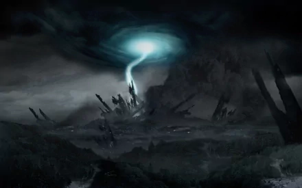 HD PC desktop wallpaper depicting a dark, eerie landscape with a glowing portal from the Half-Life 2 video game, capturing its iconic sci-fi atmosphere.
