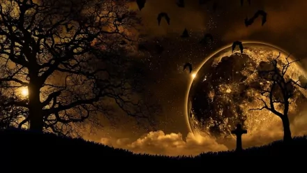 A dark, fantasy landscape features a large moon, silhouetted trees, and a cross, with bats flying through the night sky. This HD desktop wallpaper creates a mysterious and eerie atmosphere.