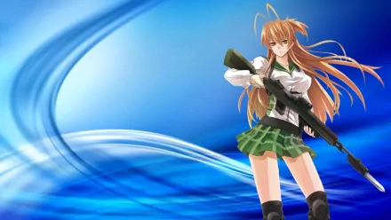 Rei Miyamoto from Highschool of the Dead stands confidently in a school uniform, wielding a gun against a vibrant blue backdrop, showcasing her strong anime character.