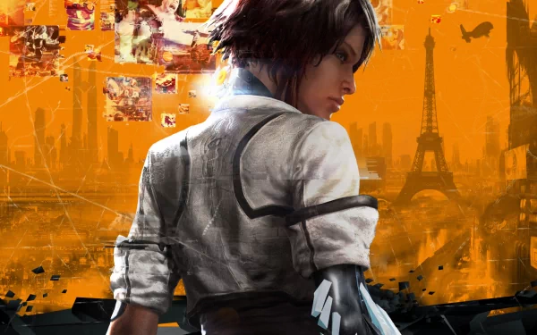 HD desktop wallpaper featuring Nilin from the video game Remember Me, set against an orange Parisian cityscape with the Eiffel Tower in the background.