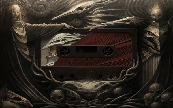HD PC desktop wallpaper depicting a dark, surreal painting featuring a cassette tape surrounded by eerie, skeletal and ghostly figures with a musical theme.