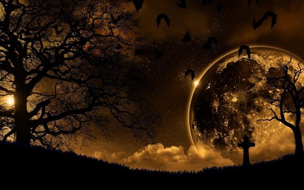 Fantasía Oscuro Paisaje Luna Árbol Cruz Fondo de pantalla HD | Fondo de Escritorio