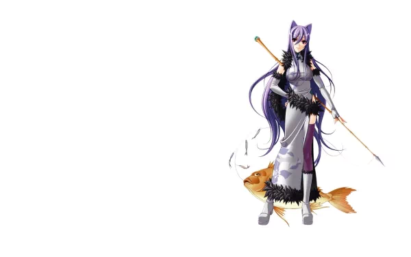 HD PC desktop wallpaper featuring a character from the video game Fire Emblem: Radiant Dawn, standing confidently with a spear and a koi fish beside her.