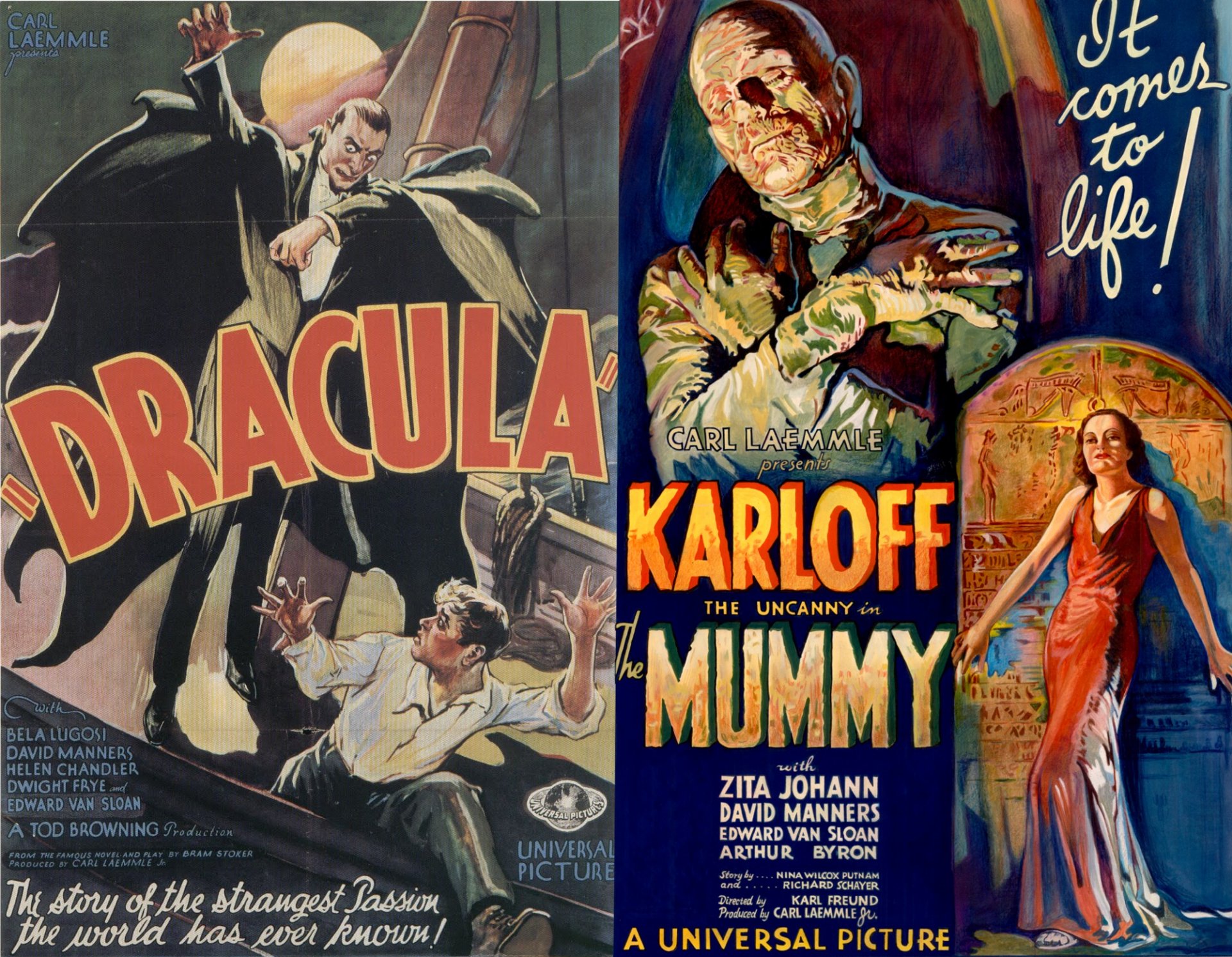 HD PC desktop wallpaper featuring a vintage movie poster collage of classic horror films Dracula and The Mummy, highlighting iconic characters and titles.