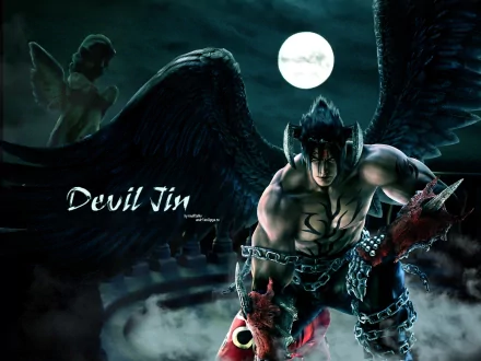 Devil Jin from Tekken 6 stands as a powerful warrior with dark wings, set against a moonlit backdrop, embodying the clash of angelic and demonic forces in this striking HD wallpaper.