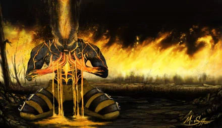 HD PC desktop wallpaper featuring Brand, the fiery champion from the video game League of Legends, engulfed in flames with a burning landscape background.