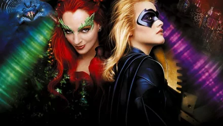 A striking HD wallpaper featuring characters from the movie Batman & Robin, showcasing the fierce Poison Ivy and Batgirl against a vibrant backdrop.