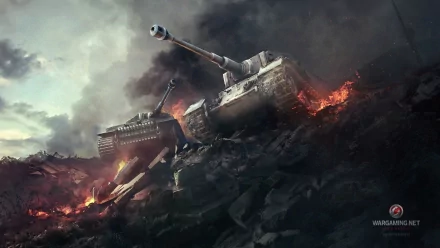 HD wallpaper of a dramatic battle scene from the video game World of Tanks, featuring two tanks engulfed in a fiery, war-torn landscape.