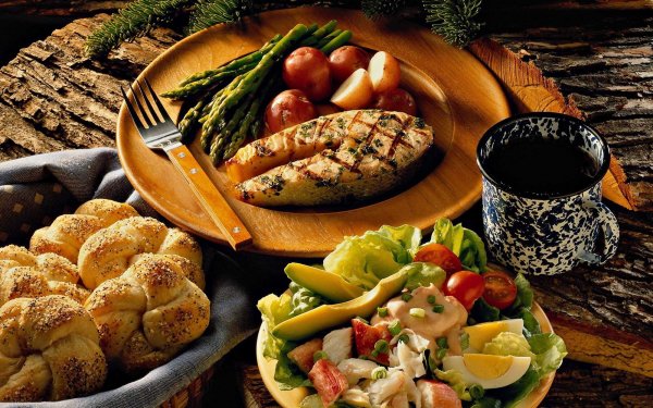 Food Meal Fish Potato Asparagus Salad Bread Roll Mug Salmon HD Wallpaper | Background Image