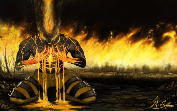 HD PC desktop wallpaper featuring Brand, the fiery champion from the video game League of Legends, engulfed in flames with a burning landscape background.