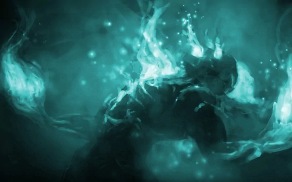 A captivating HD wallpaper featuring an ethereal character from League of Legends, set against a mesmerizing teal background, embodying the essence of the iconic video game.