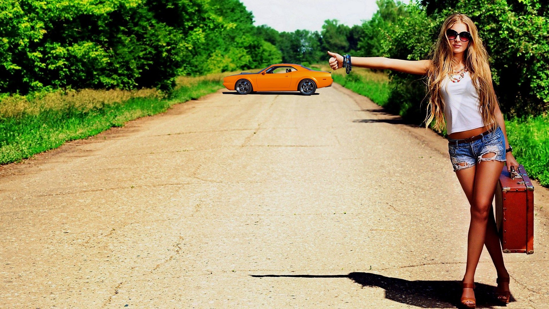 HD desktop wallpaper featuring a woman hitchhiking on a rural road with an orange Dodge vehicle approaching in the background.
