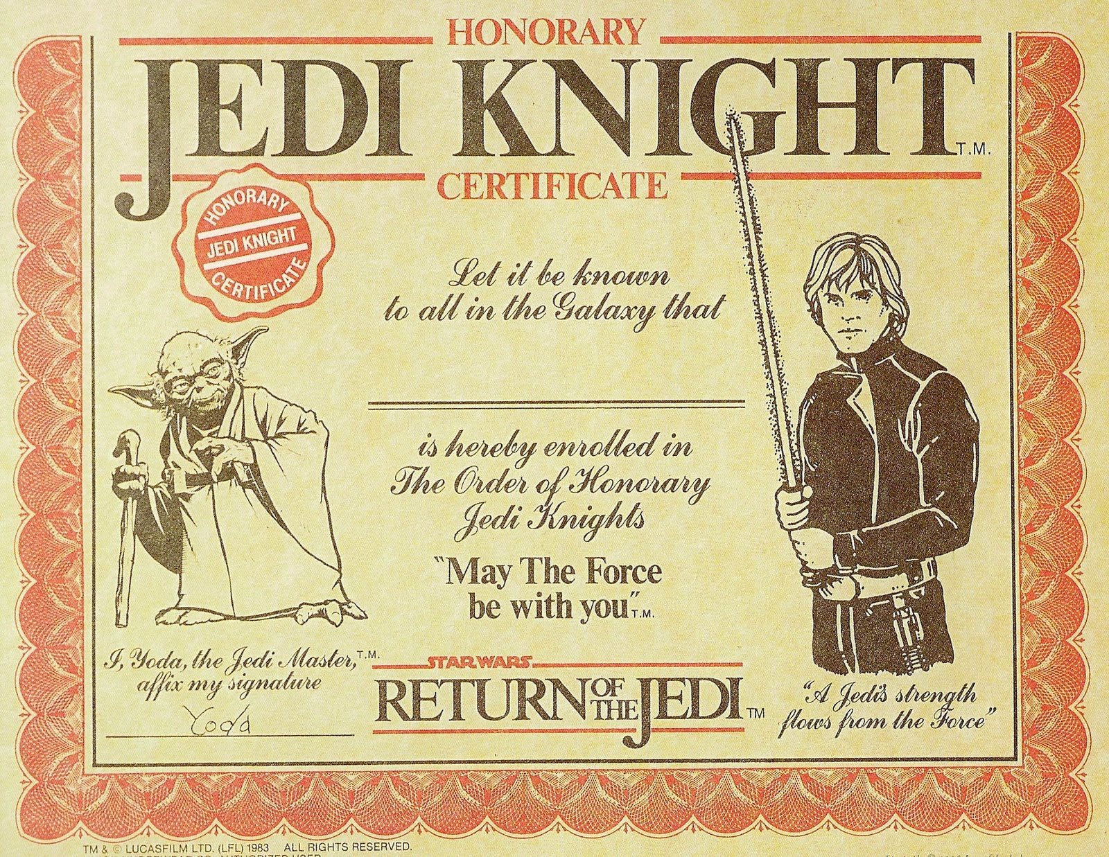 A Jedi Knight certificate featuring Yoda and Luke Skywalker, celebrating the Star Wars universe. An engaging HD desktop wallpaper for sci-fi enthusiasts.