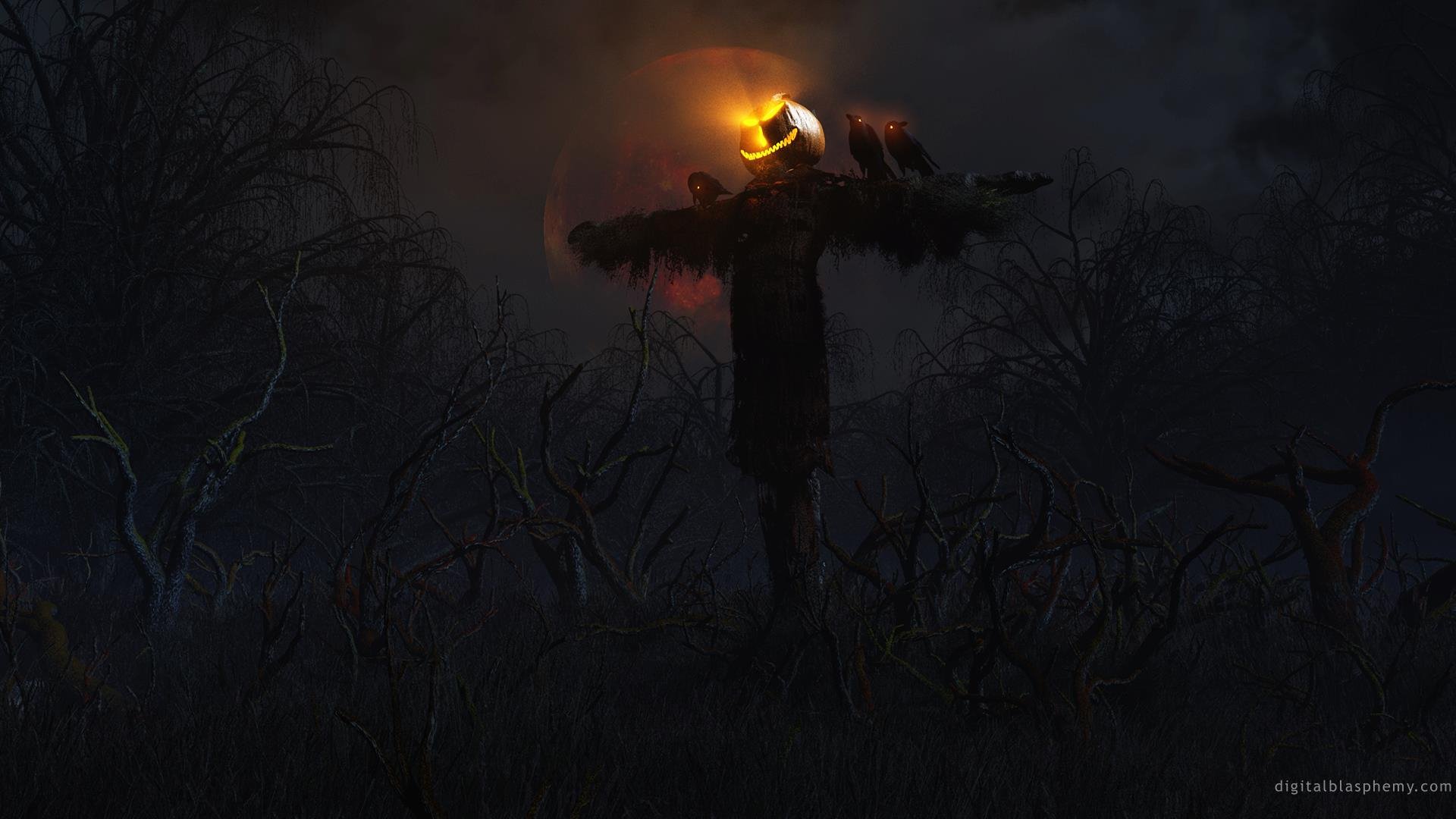 HD PC desktop wallpaper featuring a glowing jack-o'-lantern on a scarecrow amid dark, twisted trees, capturing a spooky Halloween holiday atmosphere.