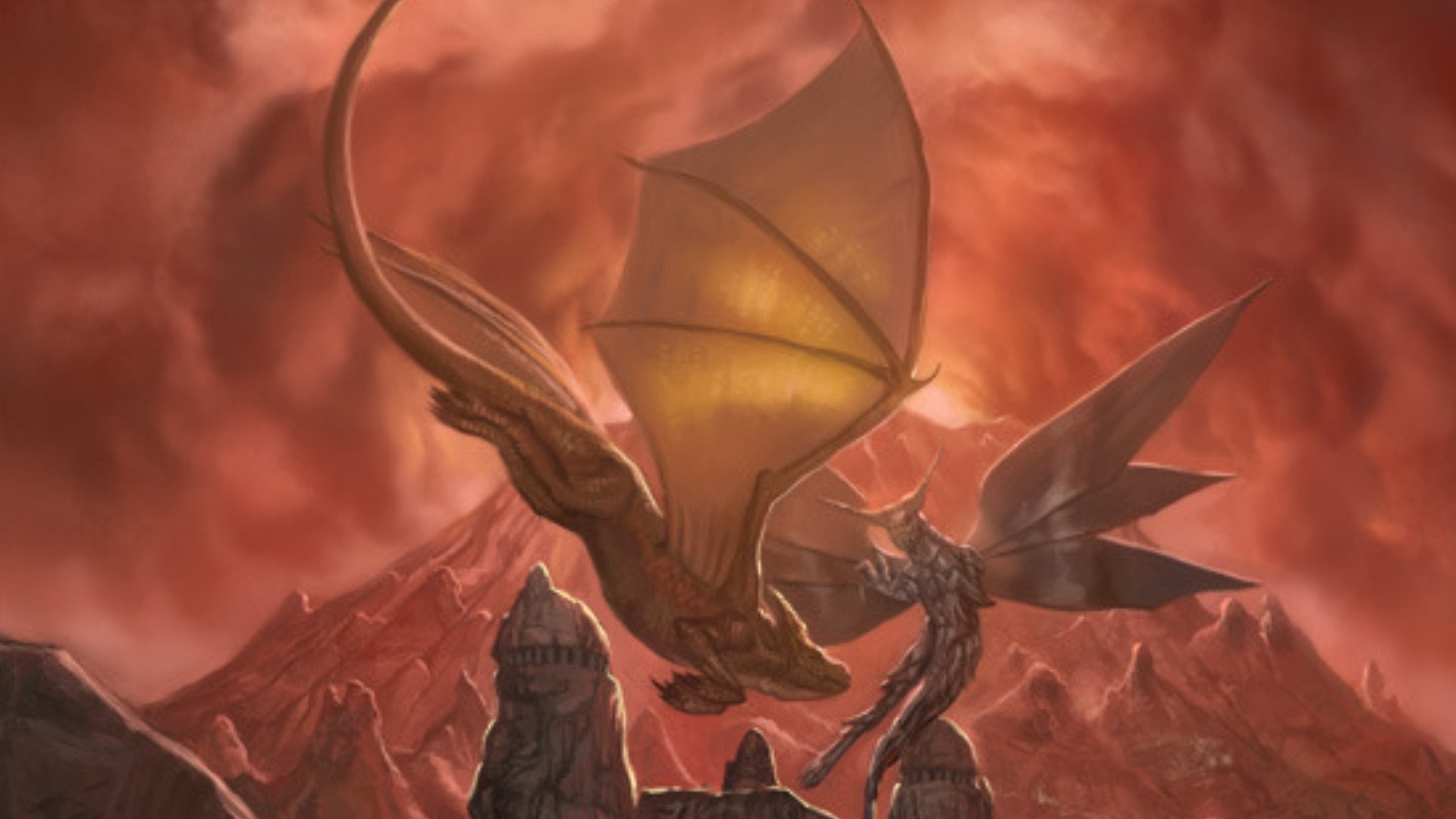 HD fantasy battle wallpaper featuring two dragons locked in fierce combat against a fiery, mountainous backdrop.