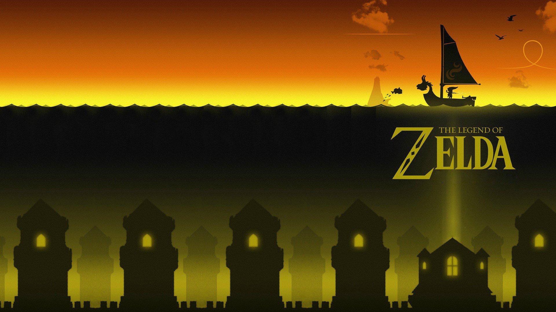 HD desktop wallpaper featuring Link sailing at sunset in The Legend of Zelda: The Wind Waker video game, with silhouetted buildings and the game’s logo.