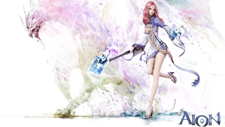 AION video game HD PC desktop wallpaper: pink‑haired female spellblade in white-and-blue armor wielding a glowing hammer, watercolor splashes and Aion logo on a white background.