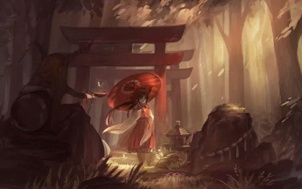 A tranquil forest scene featuring Suika Ibuki and Reimu Hakurei, adorned with brown hair and an umbrella, set against a traditional torii gate in stunning anime art style.