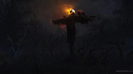 HD PC desktop wallpaper featuring a glowing jack-o'-lantern on a scarecrow amid dark, twisted trees, capturing a spooky Halloween holiday atmosphere.