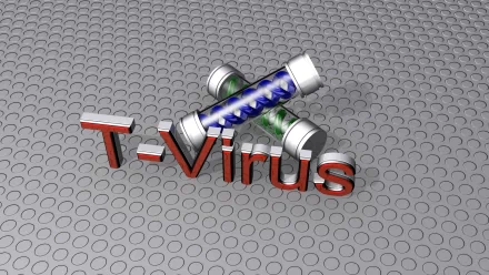 3D HD PC desktop wallpaper of a Resident Evil movie T-Virus graphic: chrome test tubes with blue and green glowing fluids on a patterned metal floor and bold red T-Virus text.