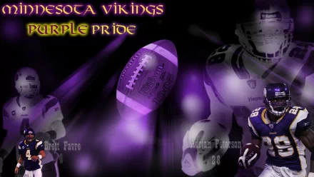A striking HD wallpaper featuring Minnesota Vikings legends Adrian Peterson and Brett Favre, surrounded by a vibrant purple theme and a football, celebrating gridiron spirit.