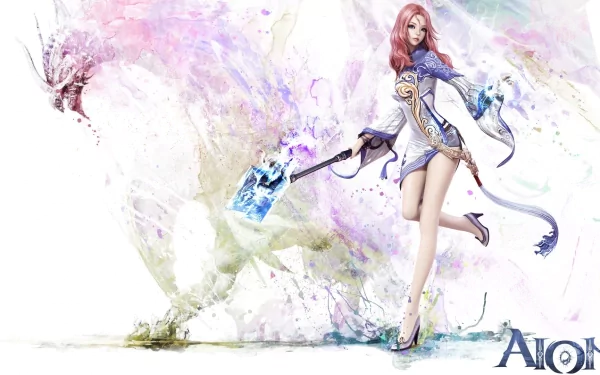 AION video game HD PC desktop wallpaper: pink‑haired female spellblade in white-and-blue armor wielding a glowing hammer, watercolor splashes and Aion logo on a white background.