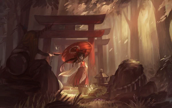 A tranquil forest scene featuring Suika Ibuki and Reimu Hakurei, adorned with brown hair and an umbrella, set against a traditional torii gate in stunning anime art style.