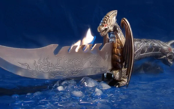 HD desktop wallpaper featuring a dragon-themed knife with an intricately carved blade, set against a blue background. The knife handle has a dragon figure, and the blade has a small flame in the center.