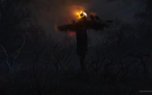 HD PC desktop wallpaper featuring a glowing jack-o'-lantern on a scarecrow amid dark, twisted trees, capturing a spooky Halloween holiday atmosphere.