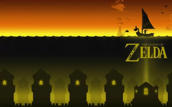HD desktop wallpaper featuring Link sailing at sunset in The Legend of Zelda: The Wind Waker video game, with silhouetted buildings and the game’s logo.