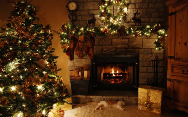 Holiday Christmas Christmas Tree Christmas Ornaments Gift Fireplace Christmas Lights Light HD Wallpaper | Background Image