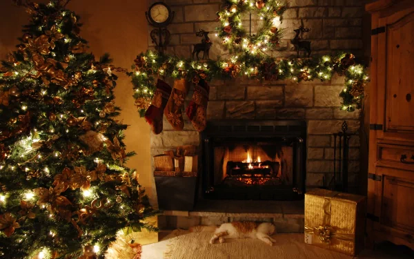HD desktop wallpaper of a cozy holiday scene featuring a Christmas tree adorned with lights and ornaments, a fireplace with stockings, and gifts underneath, creating a warm, festive atmosphere.