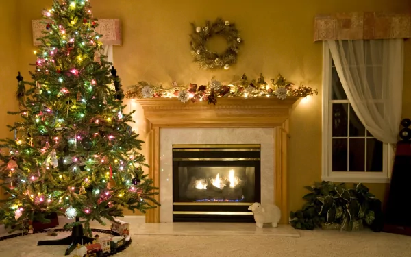 A cozy holiday scene featuring a beautifully decorated Christmas tree, colorful ornaments, and lights beside a warm fireplace, creating a festive atmosphere.