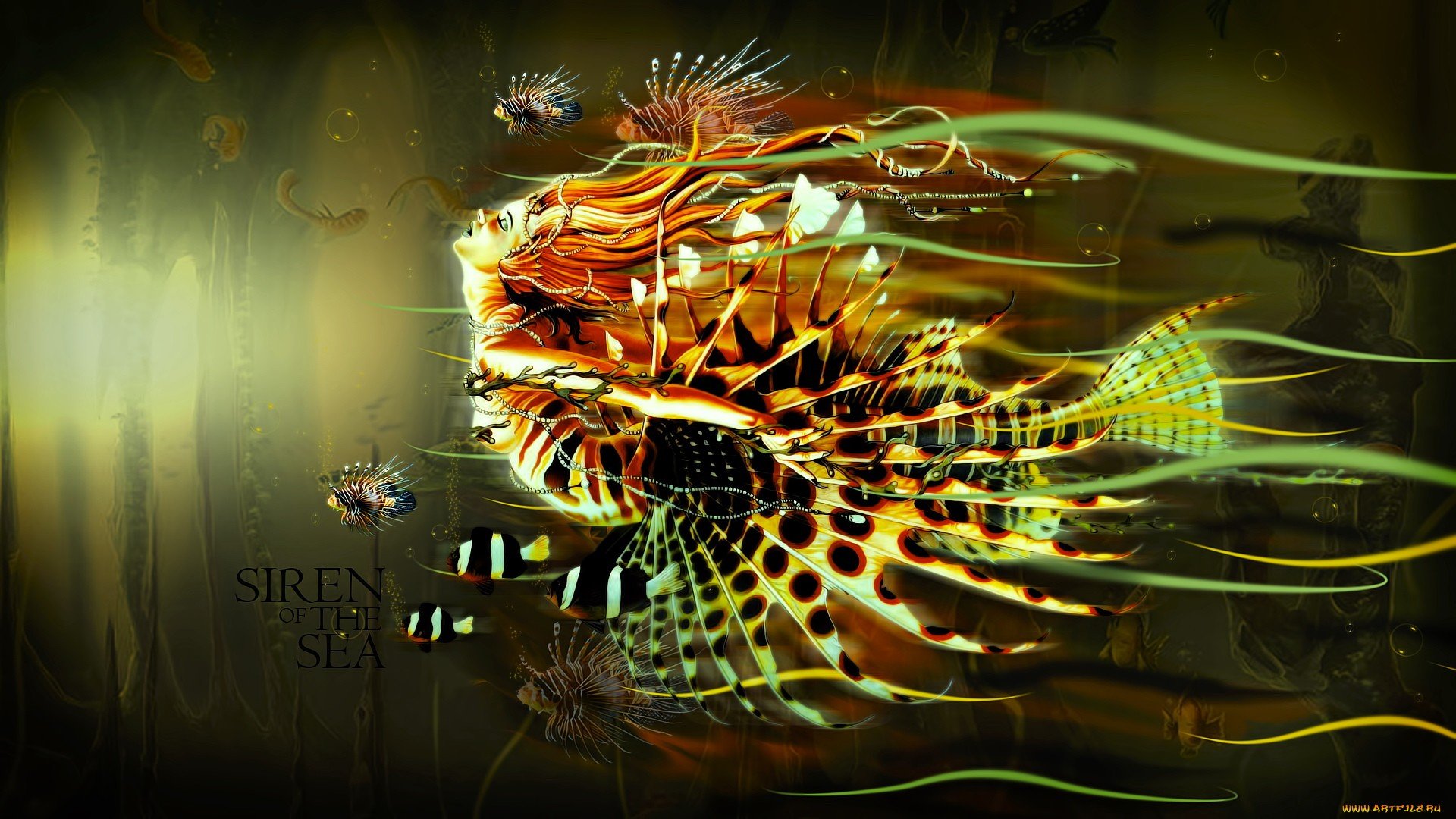 A fantasy-themed HD PC desktop wallpaper featuring a majestic lionfish with flowing fins and a subtle woman’s face blending into the aquatic scene.