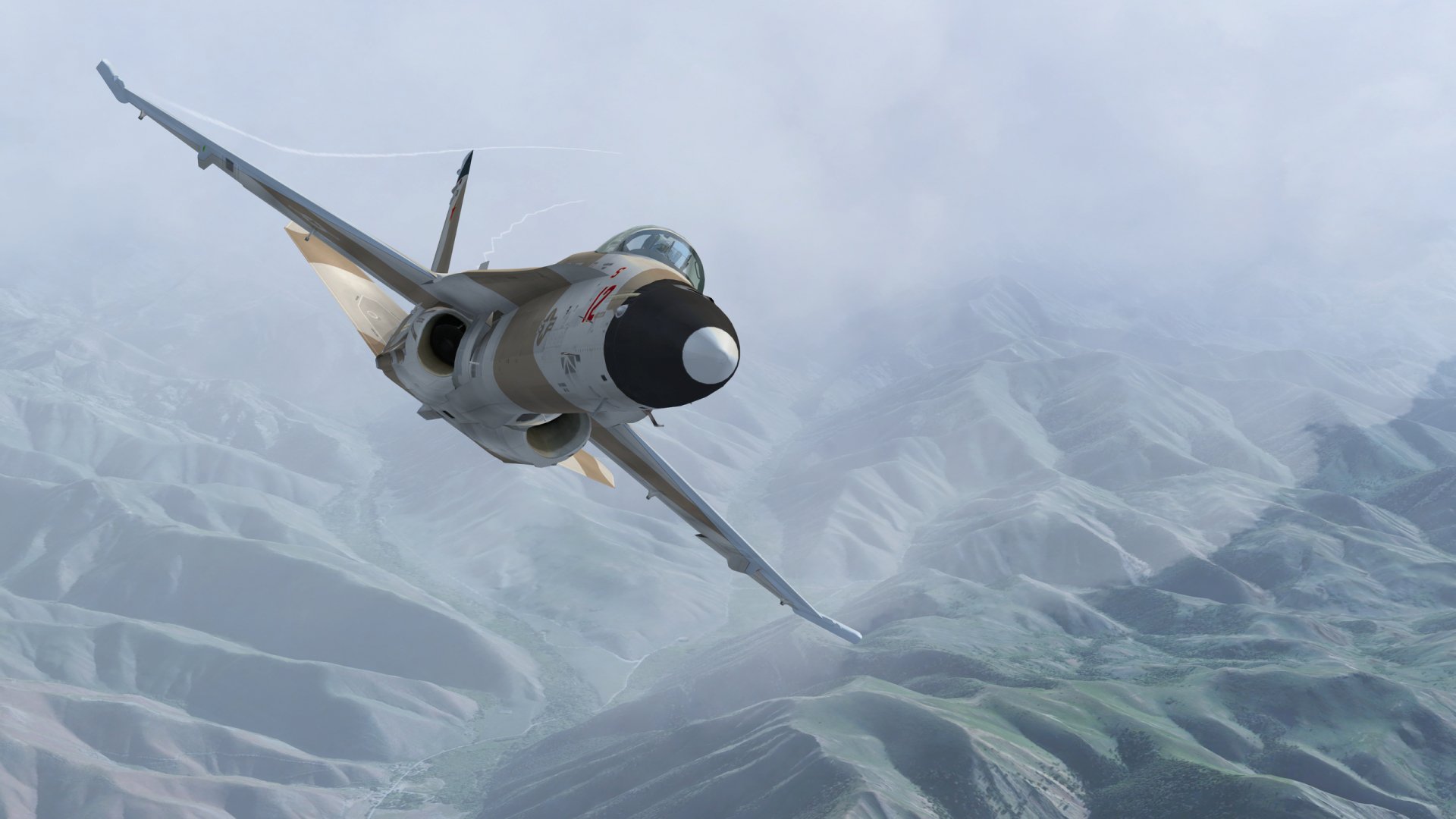 HD desktop wallpaper featuring a McDonnell Douglas F/A-18 Hornet military jet soaring over mountainous terrain.