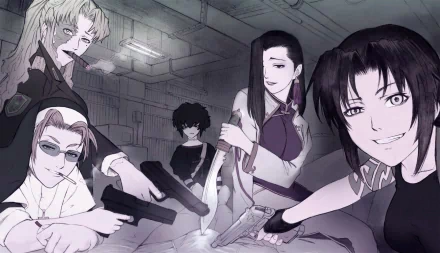 HD anime wallpaper featuring key characters from Black Lagoon, set in a dimly lit, industrial background with a tense, action-ready atmosphere.