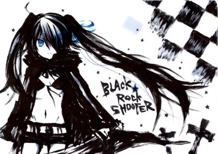 A striking HD anime wallpaper featuring Black Rock Shooter, showcasing her dark aesthetic with flowing hair, intense blue eyes, and a dramatic background of black and white elements.