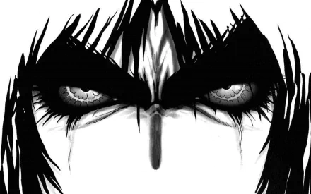 Close-up of intense eyes from Basilisk manga in black and white, designed as an HD PC desktop wallpaper with striking anime-style detail.
