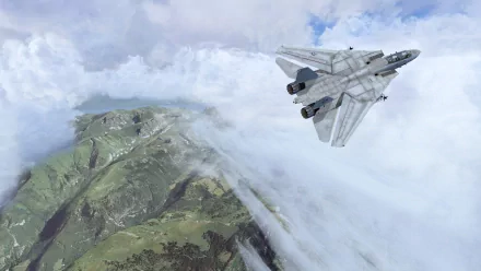 HD PC desktop wallpaper featuring a fighter jet soaring above mountainous terrain and clouds in the video game Microsoft Flight Simulator.